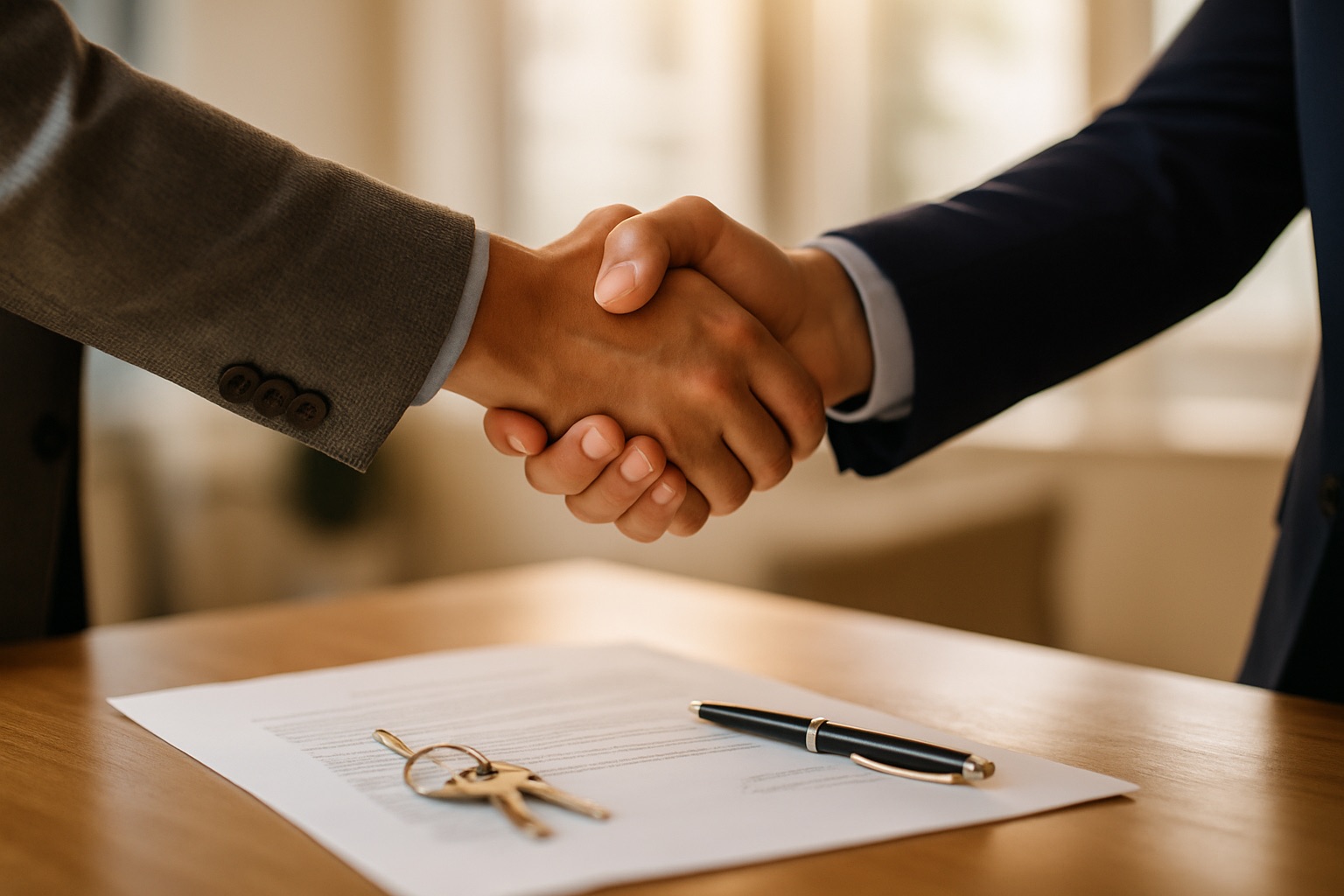 A real estate closing handshake over signed documents and house keys